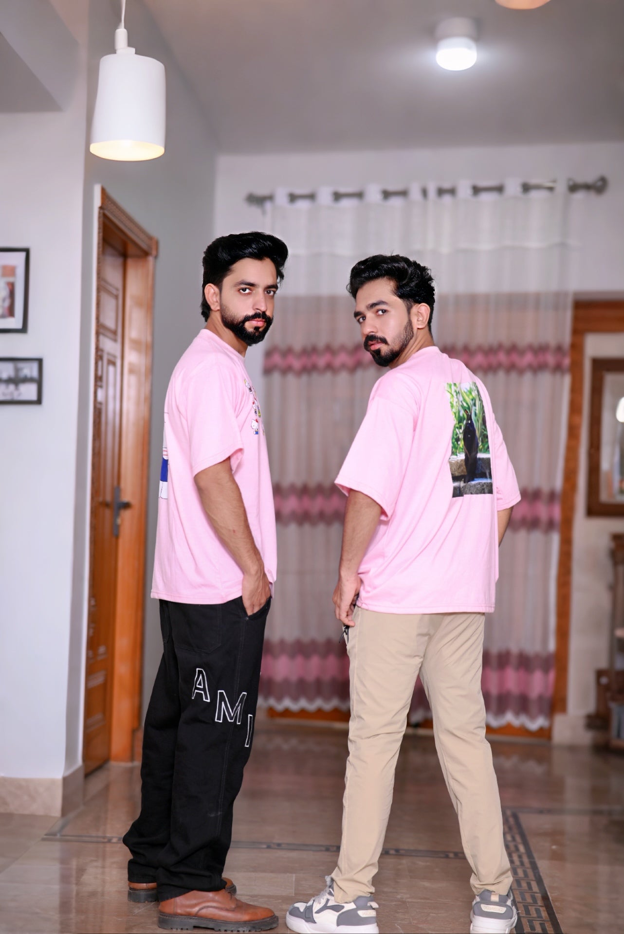 Men's Pink 100% Cotton 200 GSM Down Shoulder T-Shirt with Graphic Back