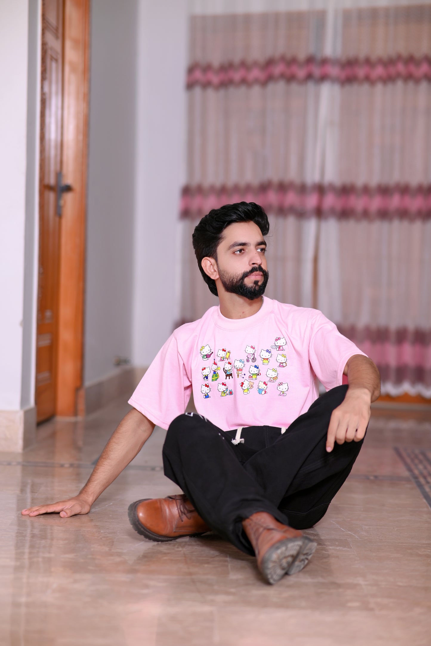 Men's Pink 100% Cotton 200 GSM Down Shoulder T-Shirt with Graphic Back