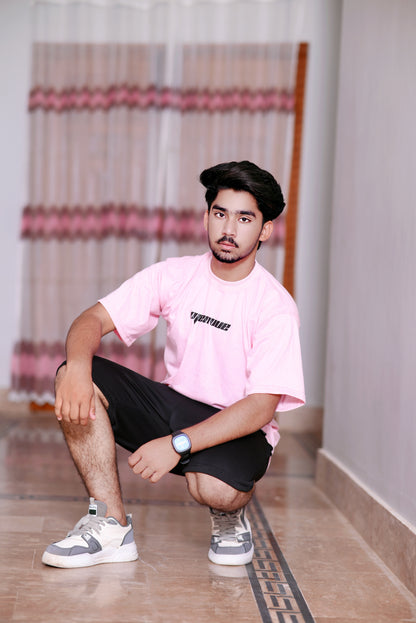 Men's Pink 100% Cotton 200 GSM Down Shoulder T-Shirt with Graphic Back