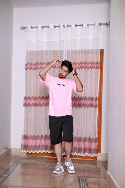 Men's Pink 100% Cotton 200 GSM Down Shoulder T-Shirt with Graphic Back