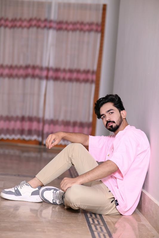 Men's Pink 100% Cotton 200 GSM Down Shoulder T-Shirt with Graphic Back