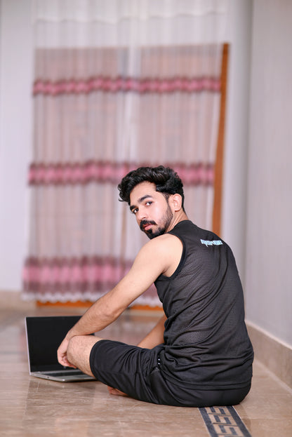 Sporty Black Sleeveless Mesh Vest for Men - "MENVUE" Branded