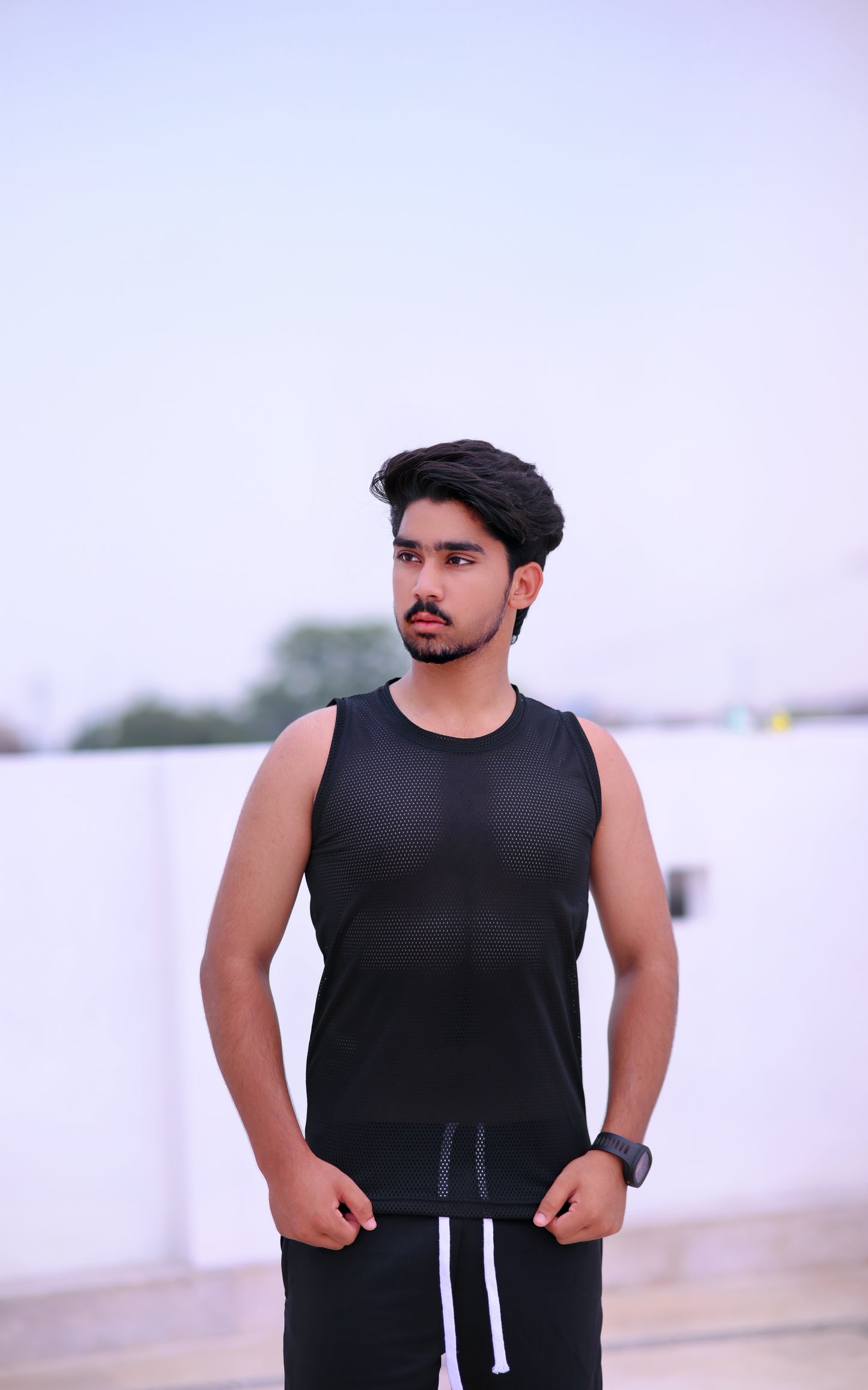 Sporty Black Sleeveless Mesh Vest for Men - "MENVUE" Branded