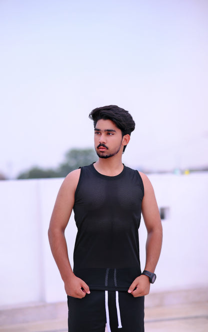 Sporty Black Sleeveless Mesh Vest for Men - "MENVUE" Branded