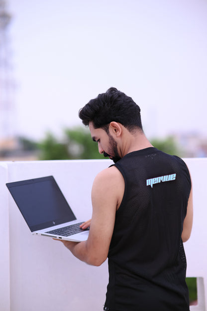 Sporty Black Sleeveless Mesh Vest for Men - "MENVUE" Branded